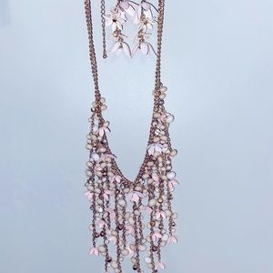 Pink and gold flower chandelier necklace and earrings set
